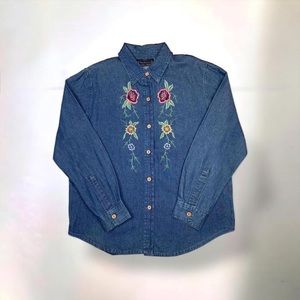 Vintage Cottagecore Grandmacore Access Denim Floral Embroidered Button Down M
